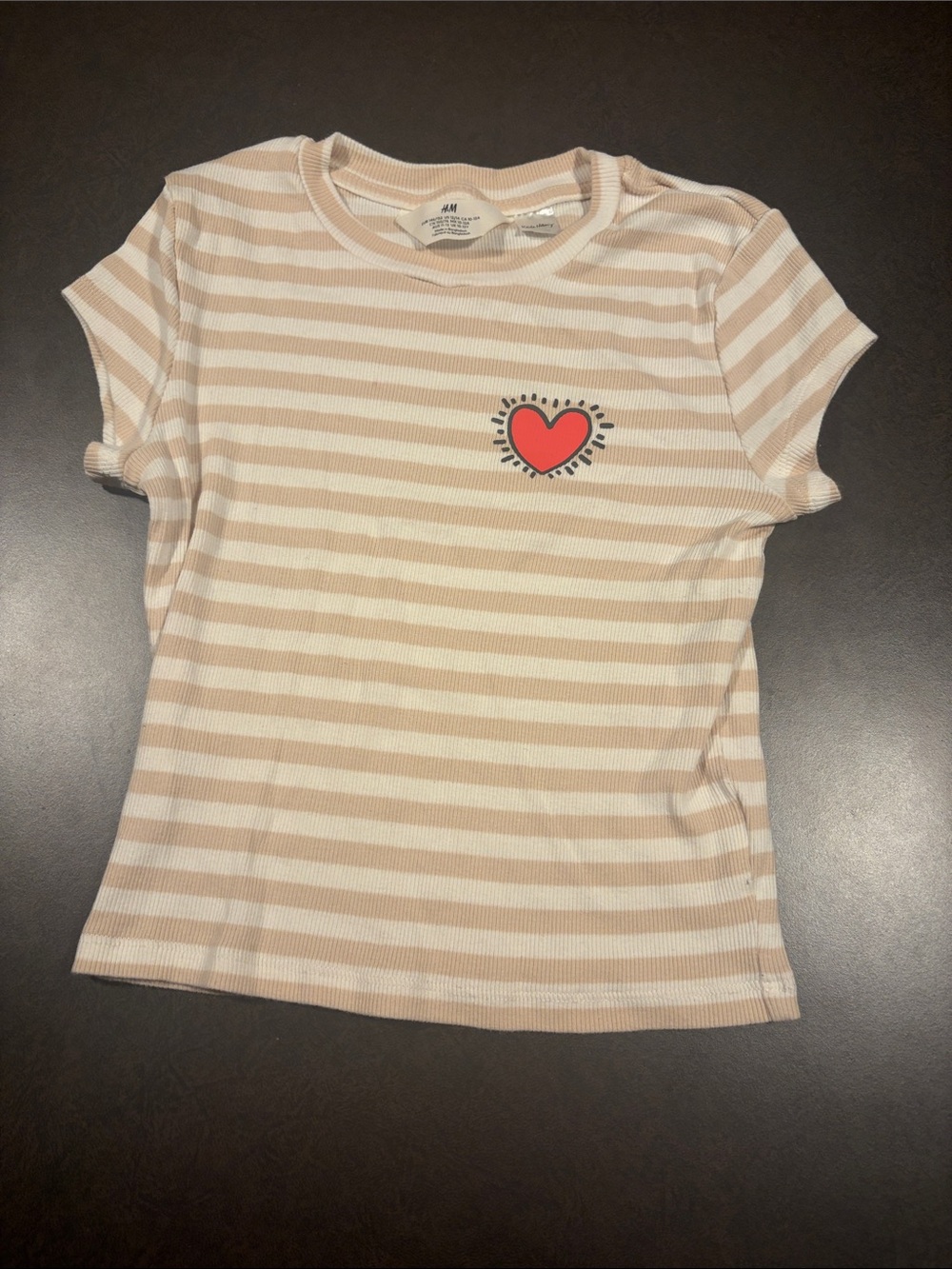 H&M Beige & White Striped Tee with Red Heart Patch